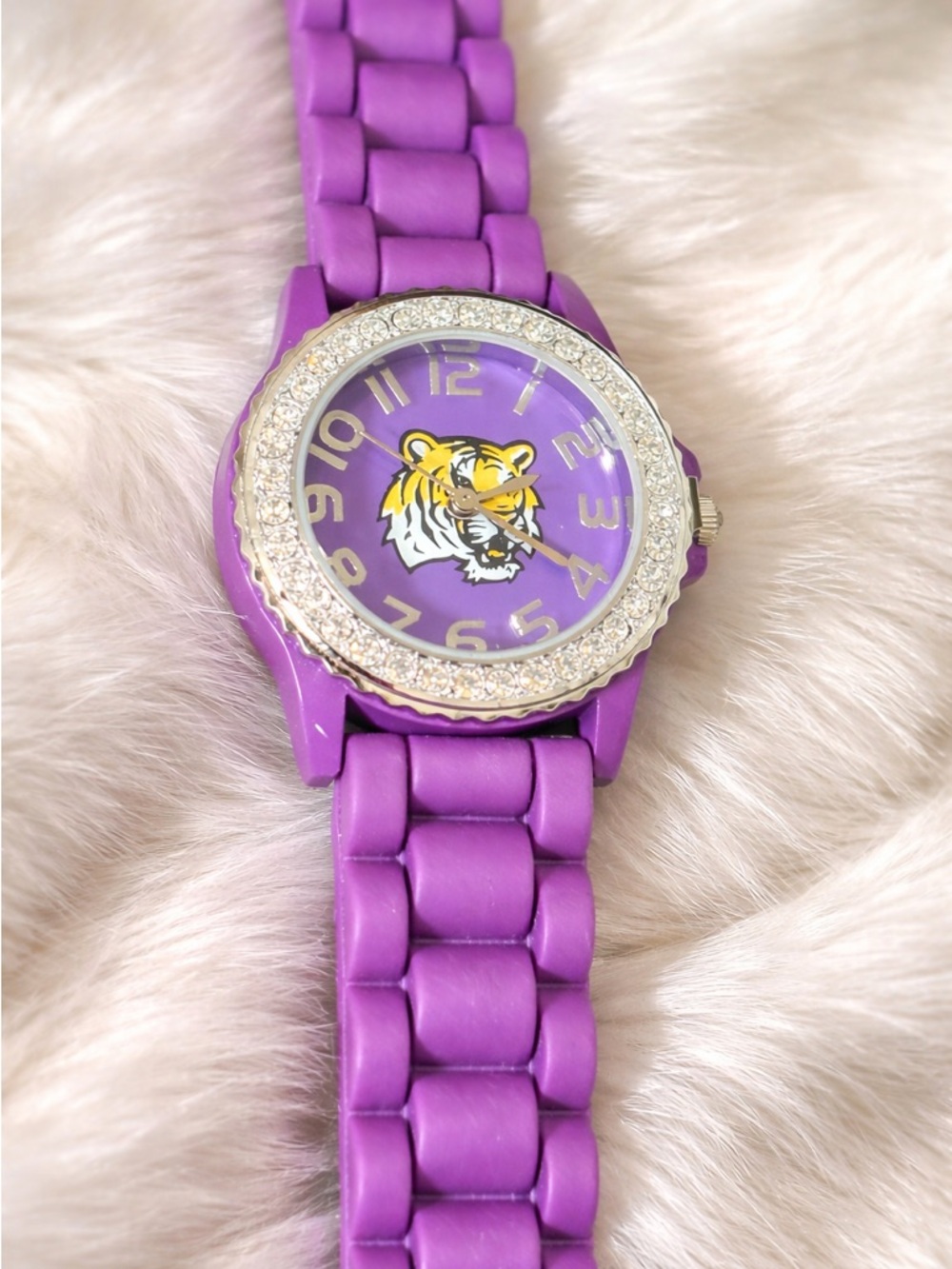 Geneva LSU Tigers Ladies Purple Rhinestone Watch | Silicone Band | Model 1102